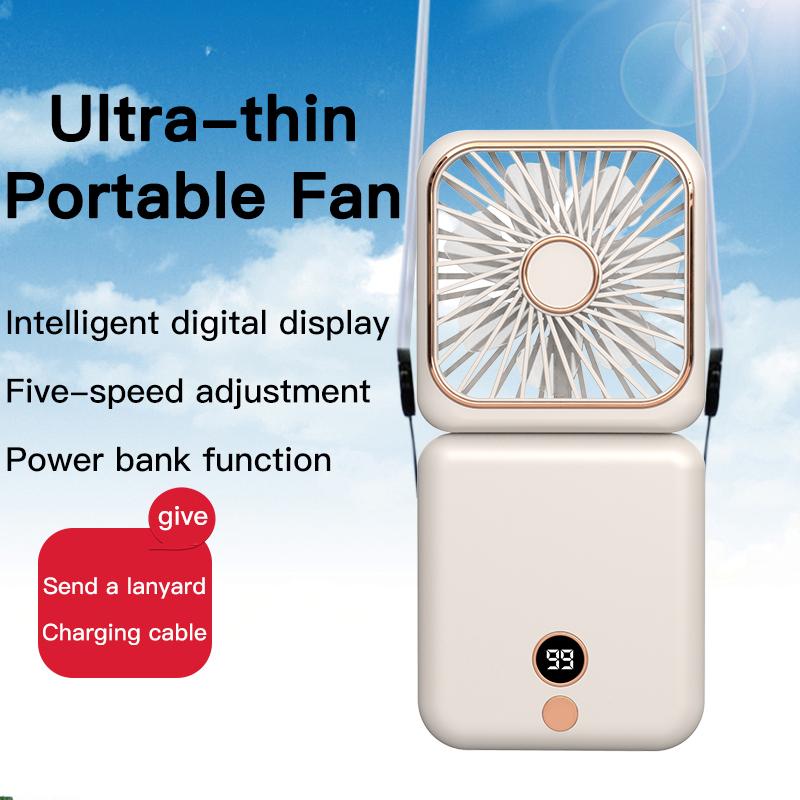 3-in-1 Mini Portable Fan Hanging Neck Fan Handheld Fan & Foldable Mirror with Power Bank, Compact & Portable for Summer Sports