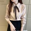 Preppy Style Bow Button Solid Color Sanding Shirt Spring Autumn New Peter Pan Collar Long Sleeve Loose Top Women's Clothing