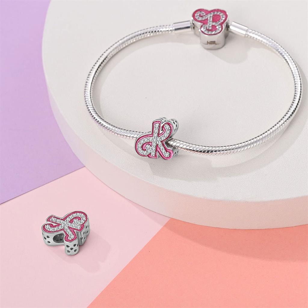 Pink Barbie Style Alphabet Bead Charms DIY Bracelet Jewelry Accessories 925 Silver