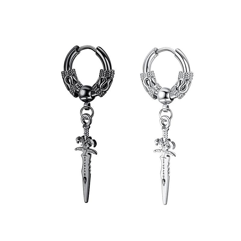 Stainless Steel Huggie Hoop Dangle Earrings Punk Hip Hop Vintage Feather Cross Spike Sword Triangle Drop Earrings for Men Wome