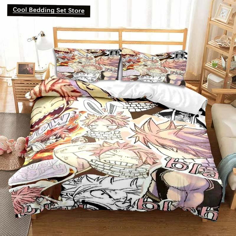 3D Anime Fairy Tail Bedding Set Bed Three-piece Set Duvet Cover Single Double Bed Queen Size Duvet Cover Set Adult Kid's Bedroom
