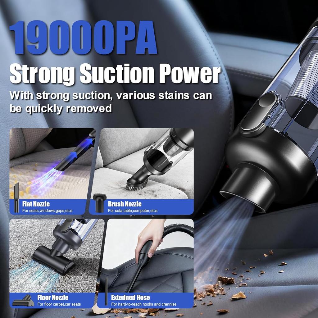 Portable Car Vacuum 19000 Pa Cordless 4-in-1 Handheld with LED Light & Multi-Nozzles, Black