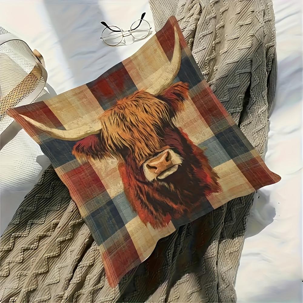 Funda de Cojín a Cuadros de Vaca de las Tierras Altas Rústica 2D para Sofá Cama Decoración de Granja