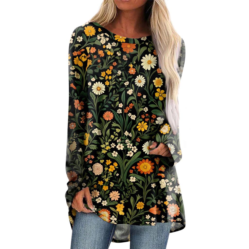 Damenmode Lässig Langarm Print Rundhals Pullover Top Bluse