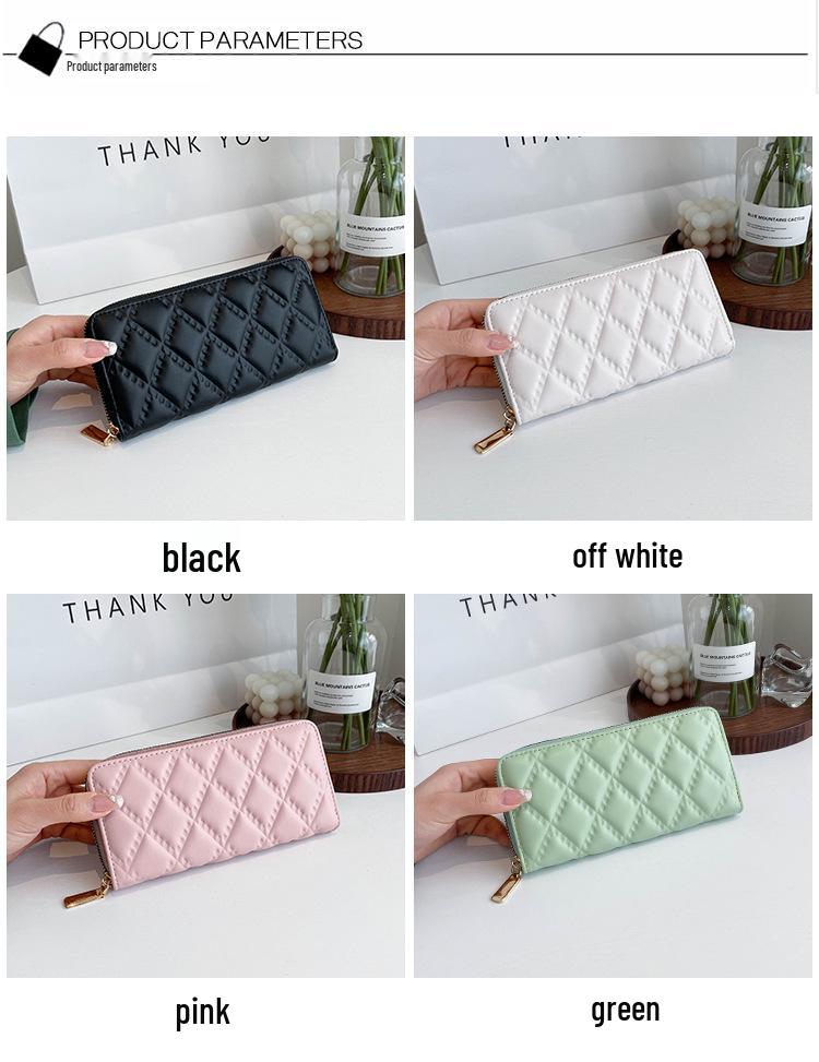Women's Medium-Length Diamond Pattern Embossed PU Wallet Clutch - Solid Color with Zipper Coin and Phone Slots