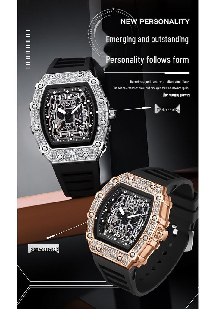 Oufani Men's Rhinestone Skeleton Barrel Watch: Fashionable and Unique Sports Design