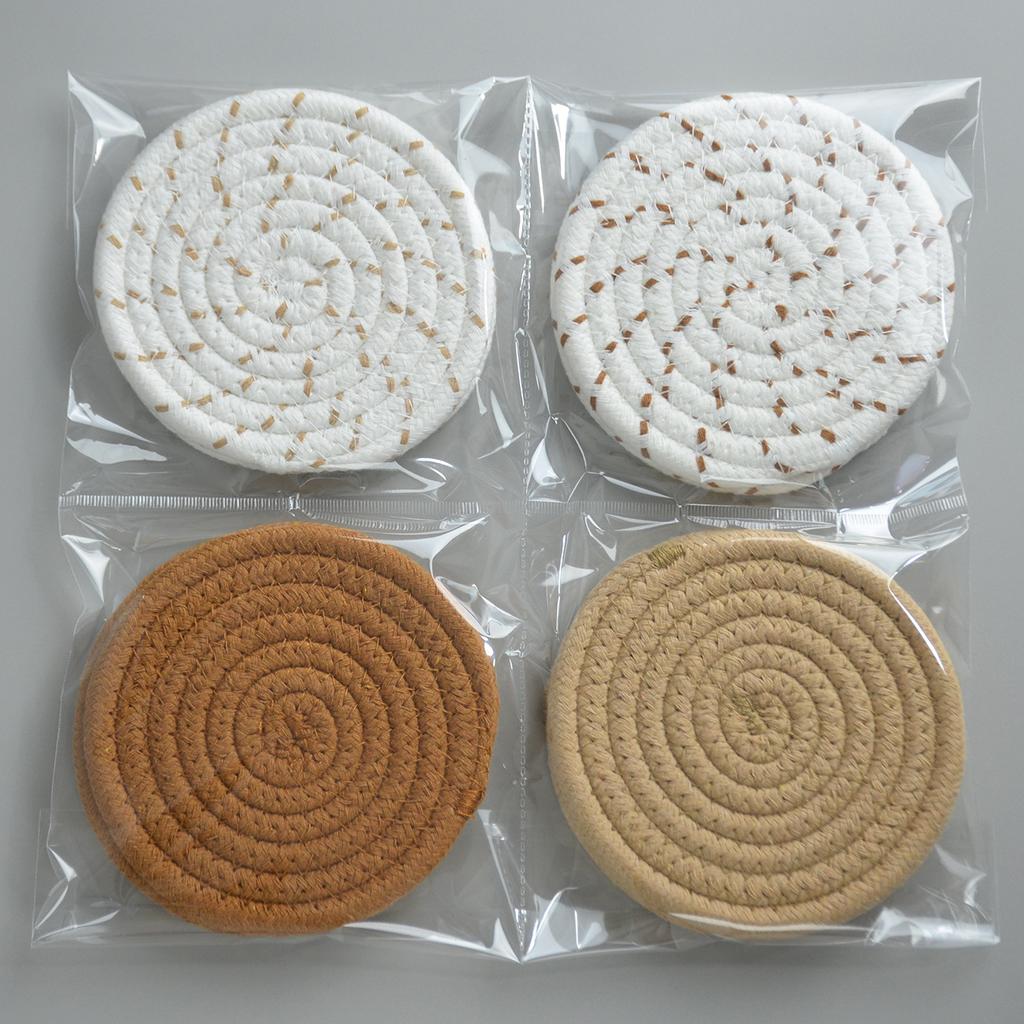 4PCS Hand Woven Circular Cotton Dining Table Placemat Coaster Kitchen Accessories Mat Cup Solid Color Coffee Drink Pad