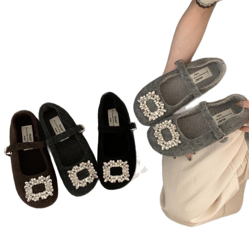 French flat-bottomed velvet Mary Jane fluffy shoes for women's 2025 autumn and winter retro rhinestones with skirts and warm shoes