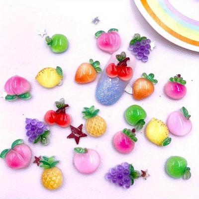 50 peças de resina mista colorida glitter mini pêssego pêra uva maçã cereja limão caqui rabanete frutas alimentos nail art parte traseira lisa strass