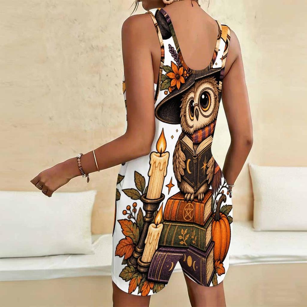 Women Plus Size Halloween Black Cat Pumpkin Printed Scoop Neck Sleeveless Romper With Patch Pockets Loose Fit