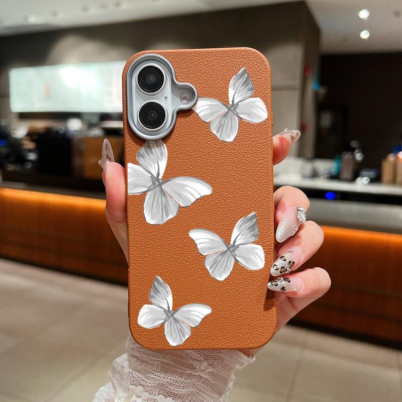 Grey Butterfly Print Shockproof Soft TPU Phone Case For iPhone 16 Pro Max 15 Pro 14 13 12 11 Lens Protection Matte Leather Texture Slim Bumper Cover