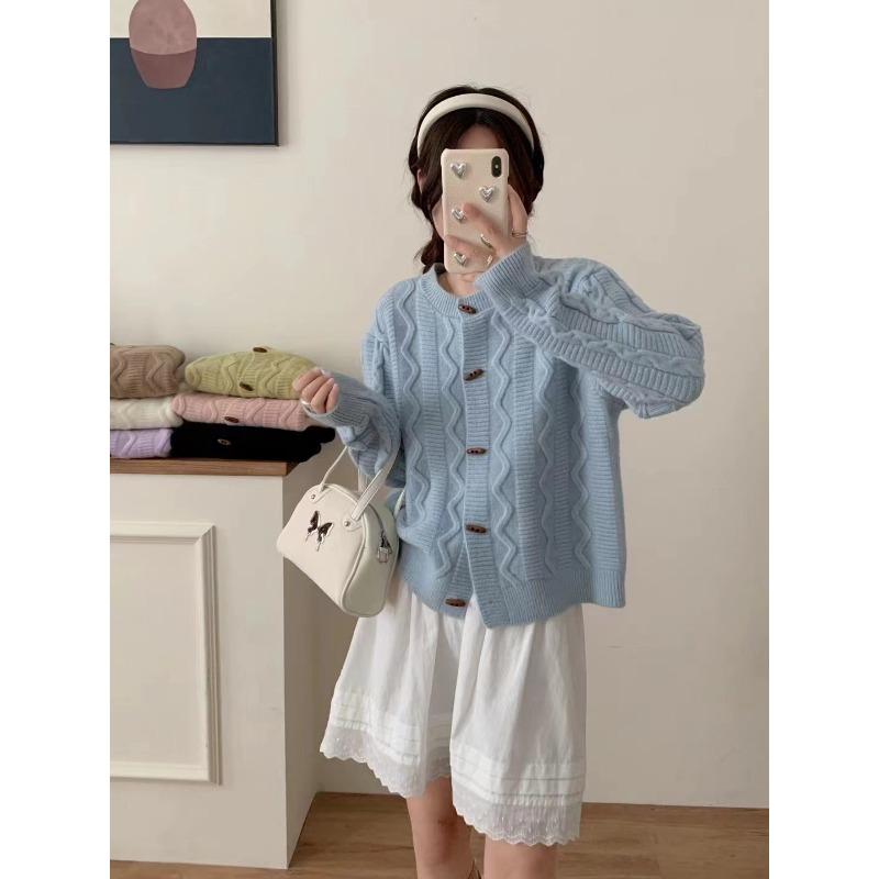 Eck Schnallen Design Pullover Jacke Damen Neu Locker und Lässig Zopfmuster Gestrickte Strickjacke Außenbekleidung
