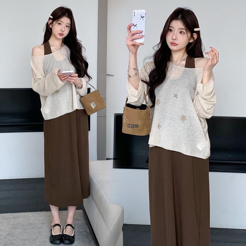 Trendy Maternity Spring Set: Loose Fit Sleeveless Top & Slim-Fit Vest Dress L