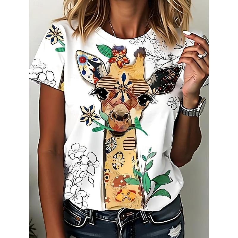 Women's T Shirt Print Graphic Animal Giraffe Vintage Stylish Classic Short Sleeve Crew Neck Round Neck Regular Tops