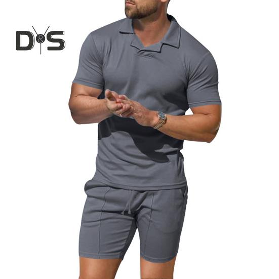 2 Teile/satz Männer Outfit Revers Kurzarm Pullover Tops Elastische Kordelzug Taille Taschen Shorts Set Einfarbig Sportswear