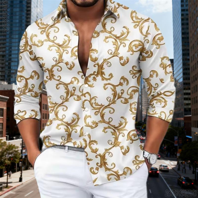 16 colori camicia da uomo di lusso pattern barocco dorato manica lunga alla moda stampa retrò comoda senza stiro taglia grande top