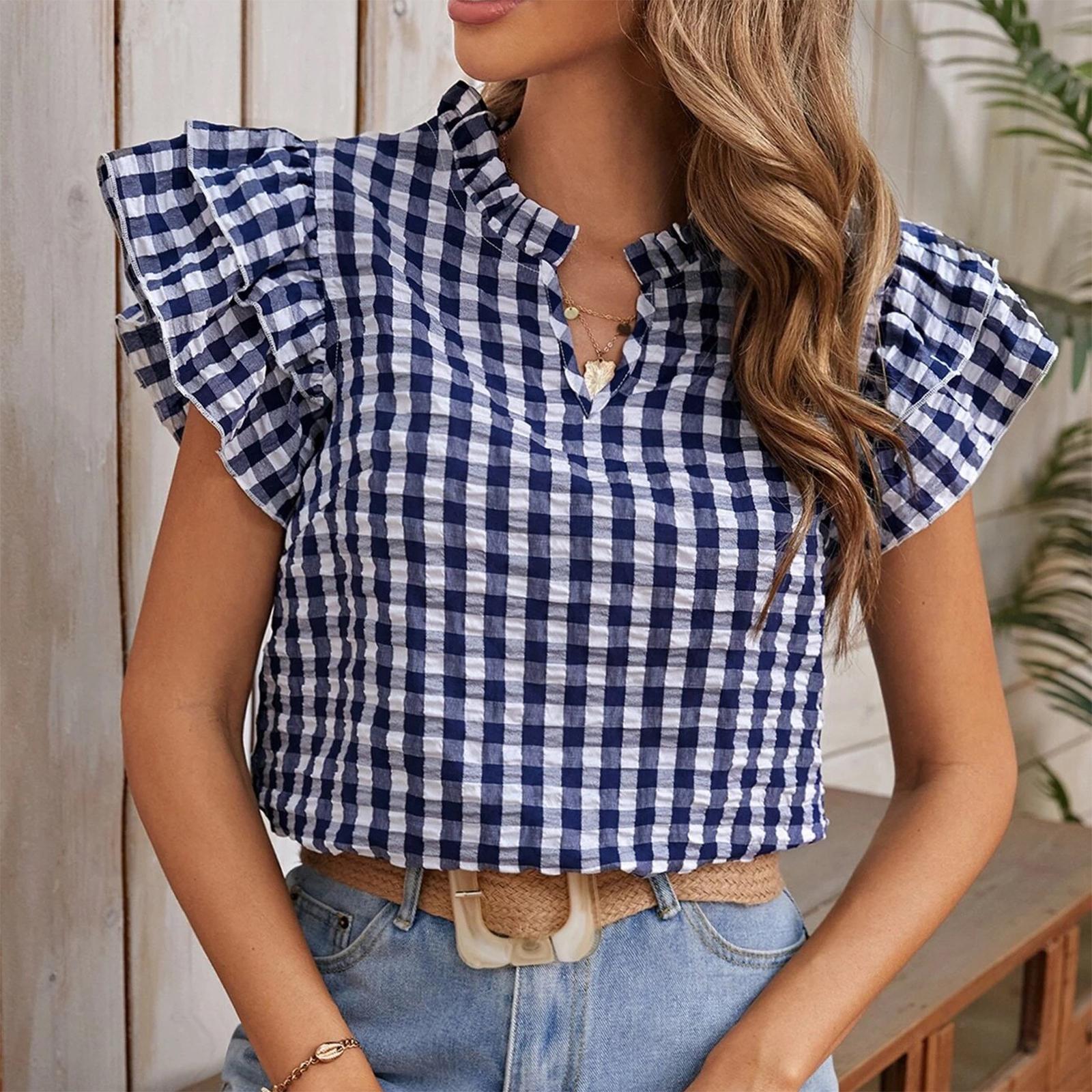

Women s Summer Fashion V-neck Checkered Short Sleeved Ruffled Sweet And Cute Top XL синій
