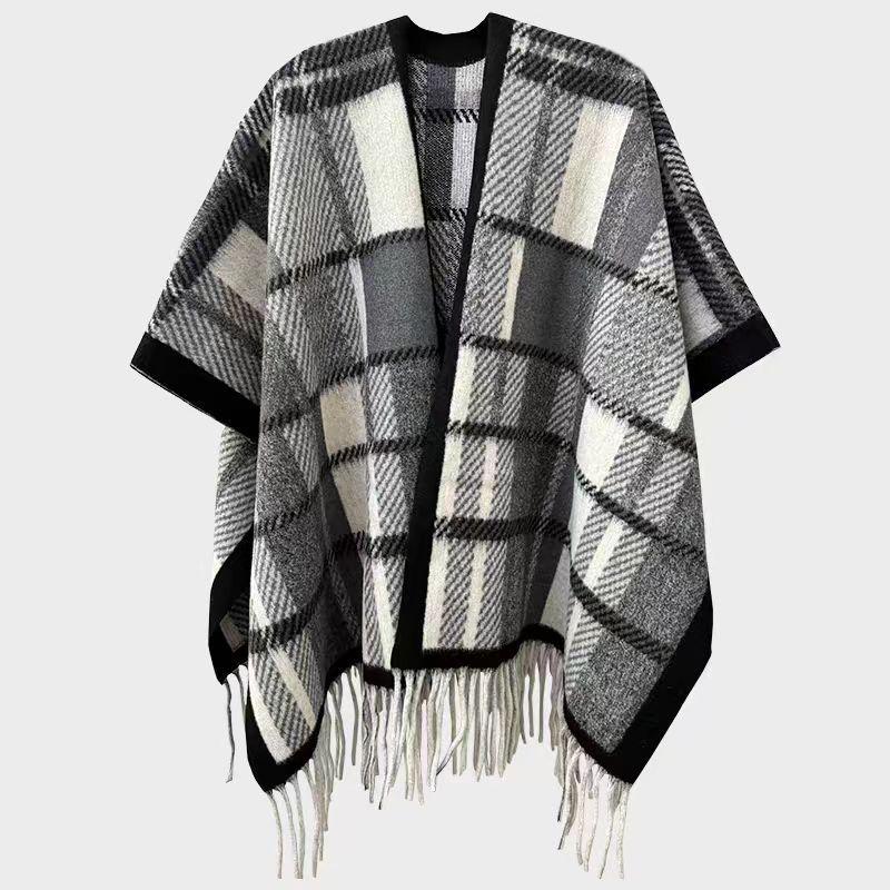 Elegant Ethnic Ink Painting Cape Shawl with Tassels - Versatile Travel Scarf Cloak