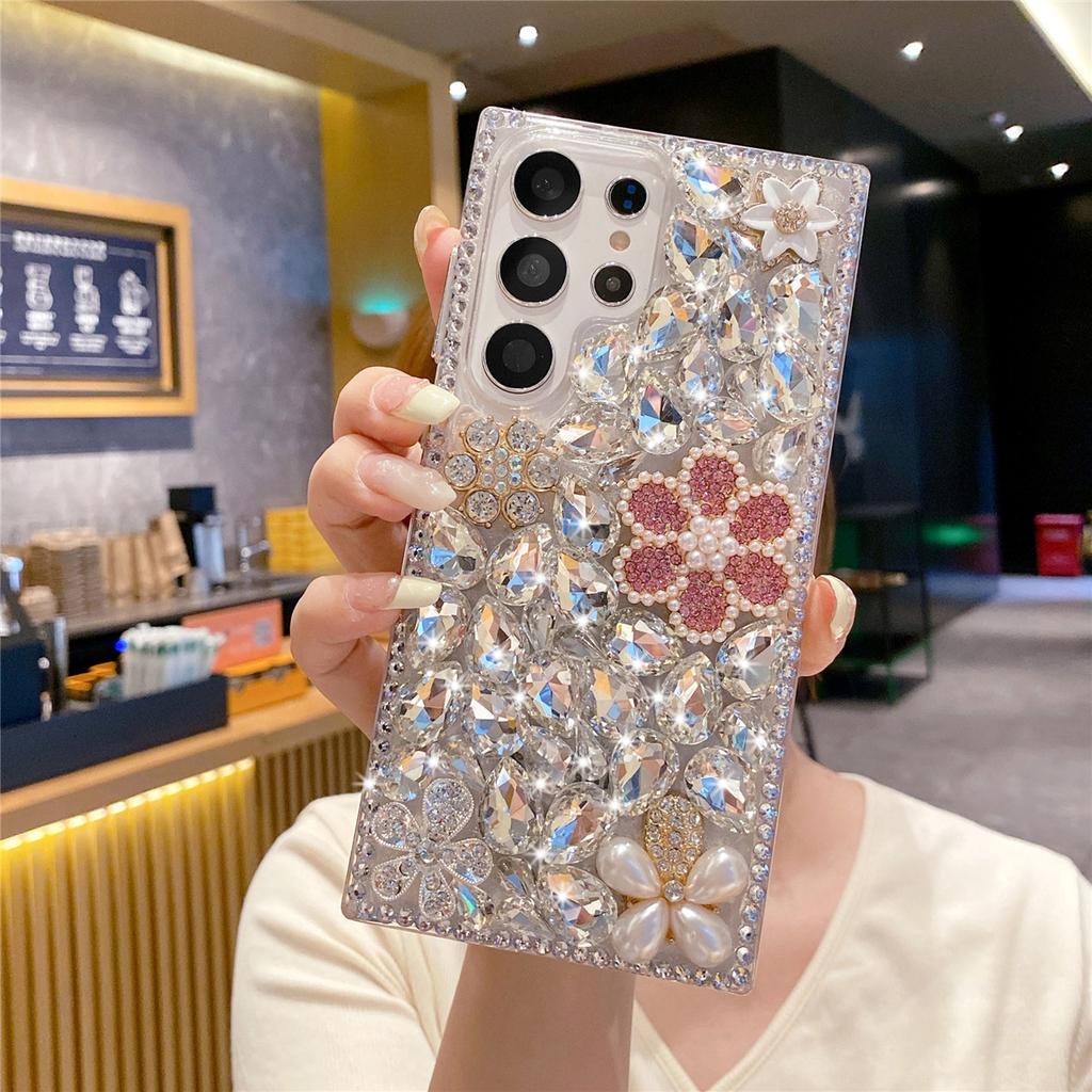 Bling Pink Pearl Flower Case For Samsung Galaxy S26 S25 S24 Ultra S23 S22 Plus Note 20 Glitter Rhinestone Silver Diamond Cover