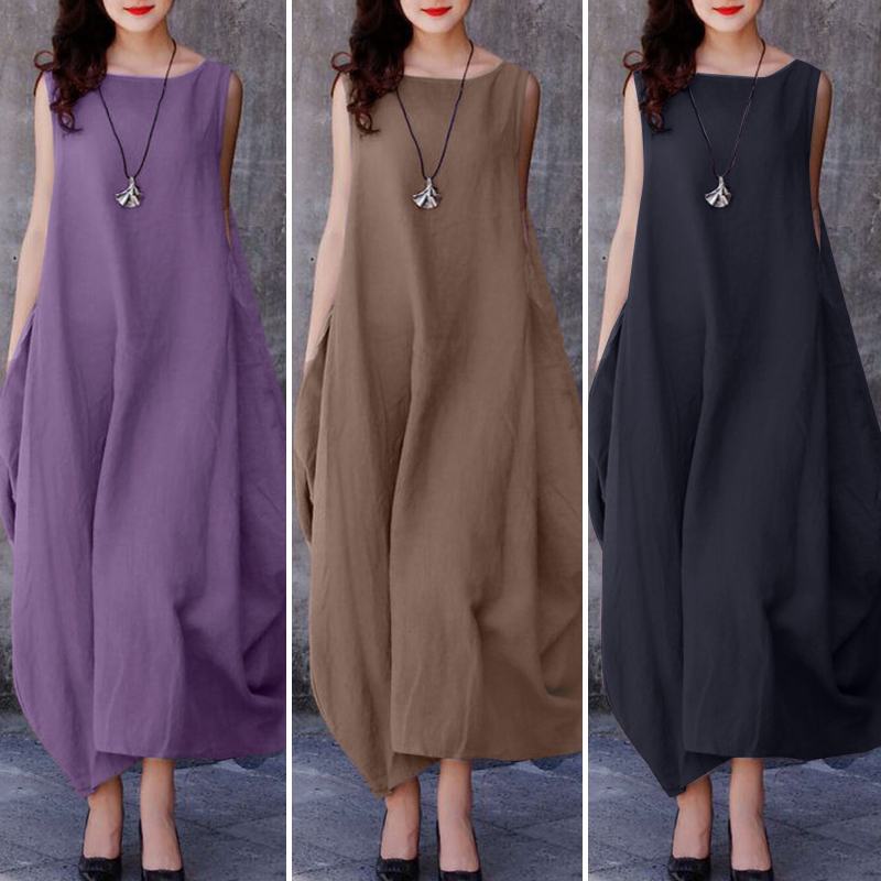 Plus Size Women's Casual Summer O-neck Sleeveless Long Dress - Soft Cotton, Perfect for Daily Wear