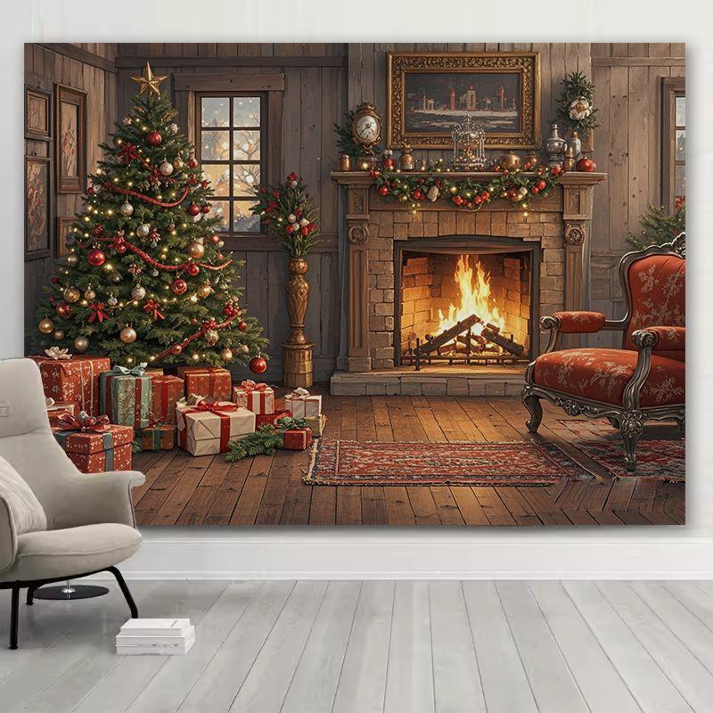 Christmas Fireplace Double Tree Wall Tapestry Mantel Wreath Stocking Gift Box Snow Flame Cozy Holiday Festive Decor Soft