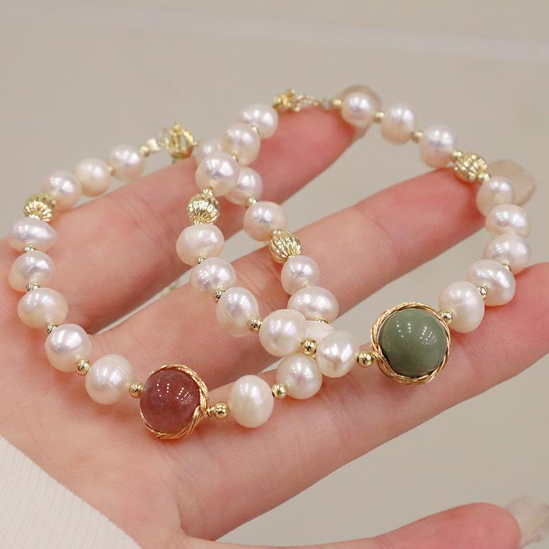 Natural Freshwater Pearl Bracelet Strawberry Crystal Light Luxury Bracelet Bangles Women Fashion Jewelry Accessories Gift