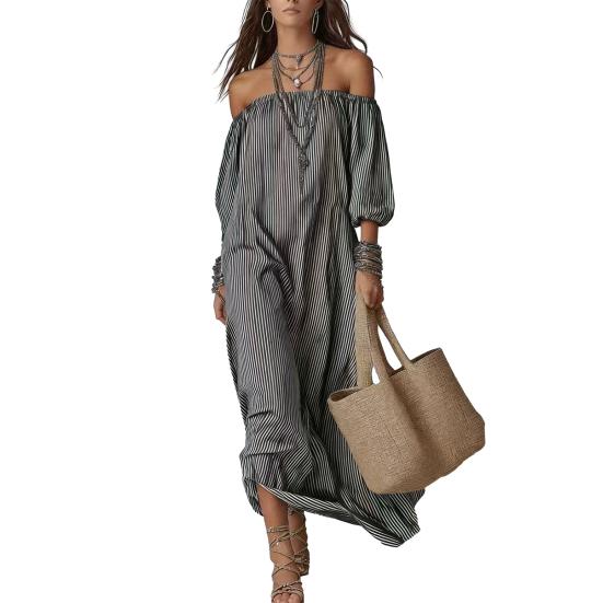 

Summer Maxi Dress for Women Off Shoulder Short Sleeve Long Dress Casual Striped Vacation Flowy Long Sundress XL чорний