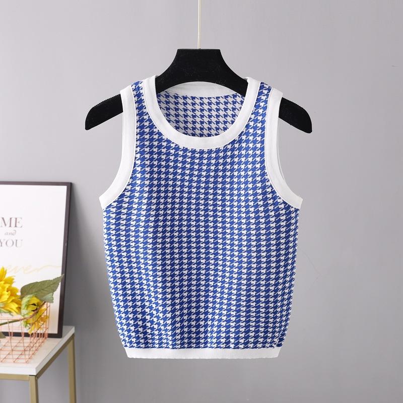 

Базовый летний вязаный женский топ без рукавов на бретелях, модный качественный сексуальный женский короткий укороченный топ One Size синий