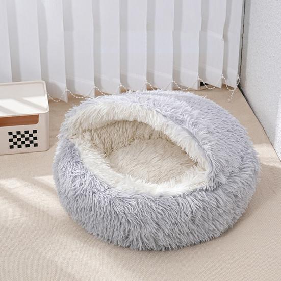 Pet Shell Nest Bed Warm Calming Cat Cave Bed with Hooded Cover Semi Enclosed Fluffy Plush Lined Round Bed for Small Medium Pets