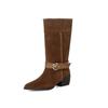 2025 New Vintage Brown Coarse Heel Belt Buckle Pointed Western Cowboy Boots Women's Medium Knight Boots Long Boots