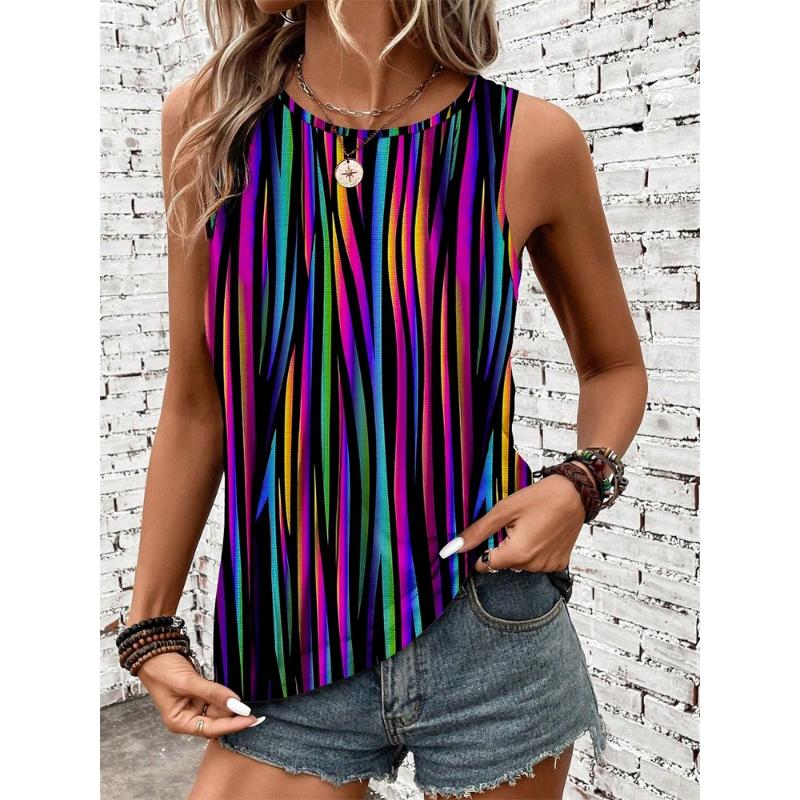 Summer Simple Striped 3D Print Tank Tops Women Fashion Streetwear Oversized O-Neck Vest Off Shoulder Sleeveless Woman Camisole