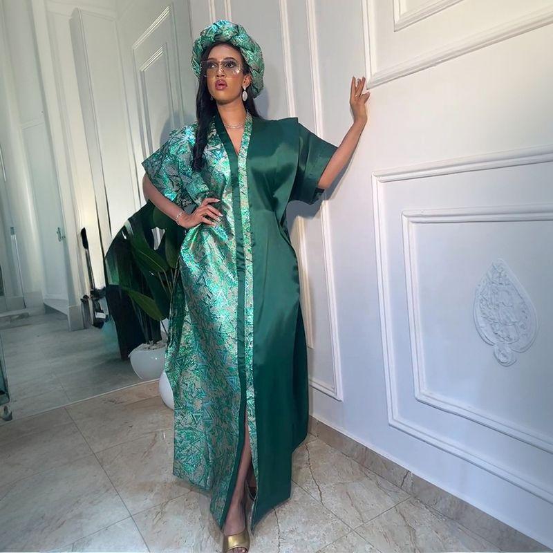 Africa Plus Size Women Clothing Patchwork New V-neck Print Loose Casual Dress Middle East Arab Robe Dress