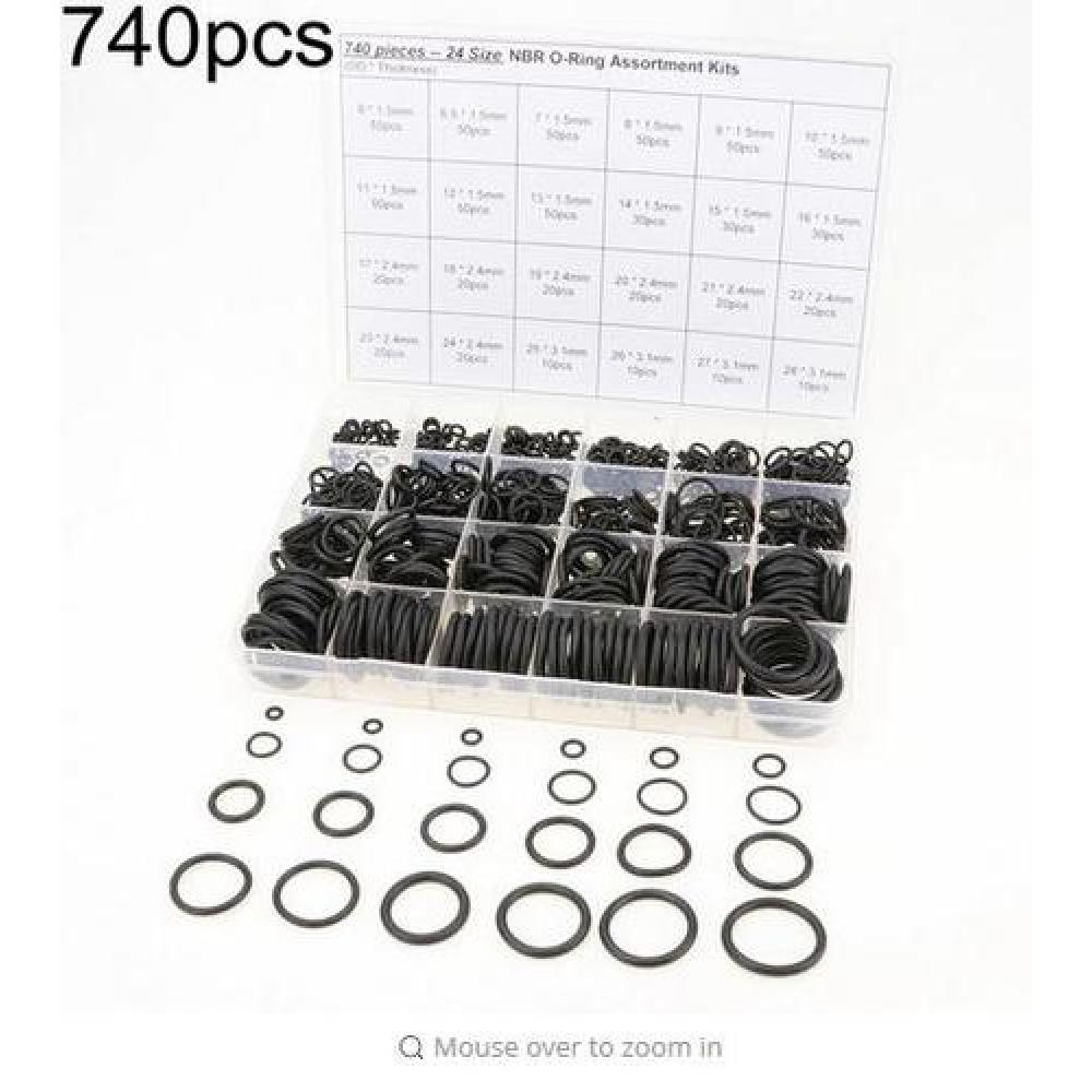 Universal set of gaskets-O-rings made of nitrile rubber 740 pcs. for car air conditioning repair, thickness 1.5 mm, 2.4 mm, 3.1 mm, black color