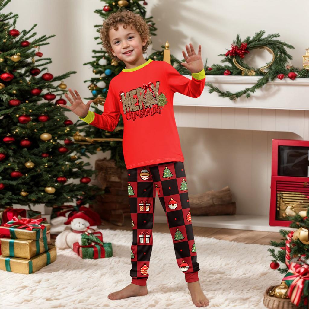 Family Matching Christmas Pajamas Set for Parents and Kids, Long Sleeve Neck Printed Pants Set