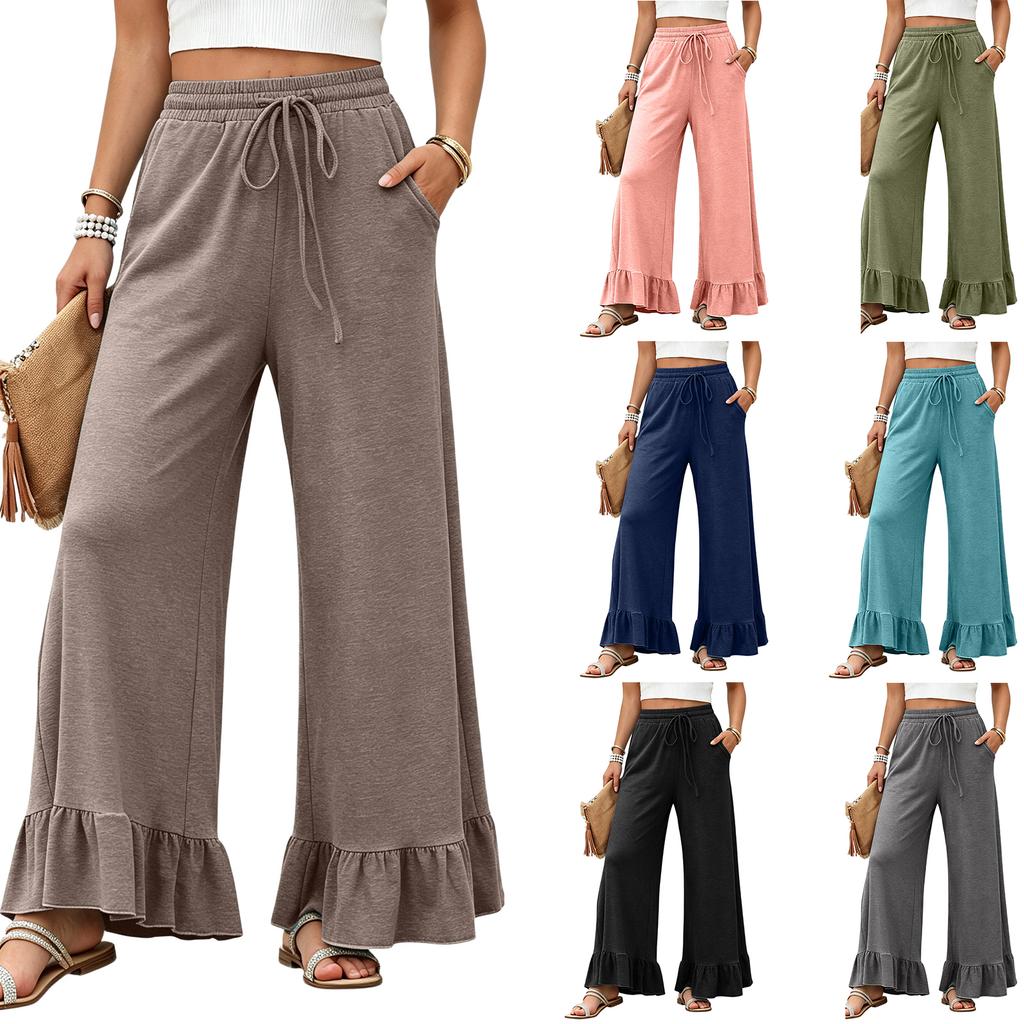 Women Wide Leg Pants Drawstring Waist Elastic High Waist Ruffle Hem Casual Loose Fit Trousers with Pockets Lightweight Soft Fabric