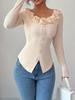 French 3D Floral One-Shoulder Knit Top with Exposed Collarbone – Slim Fit