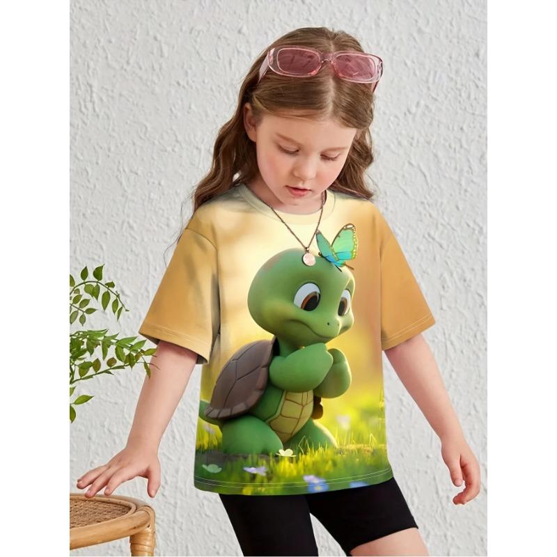 Sommar Rund Hals 3D Tecknade Djur Tryckt Topp Moderiktig Casual Kortärmad Barnflickas T-shirts