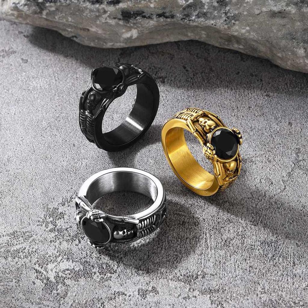 Stainless Steel Double Side Skeleton Holding Up Black Stone Skull Rings for Man Retro Gothic Punk Cool Jewelry Gift for Him