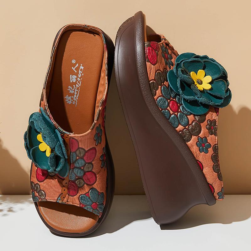 Fashion GKTINOO 2025 Retro Slippers Genuine Leather Shoes Handmade Slides Flip Flop On The Platform Clogs For Women Flower Woman Slipper