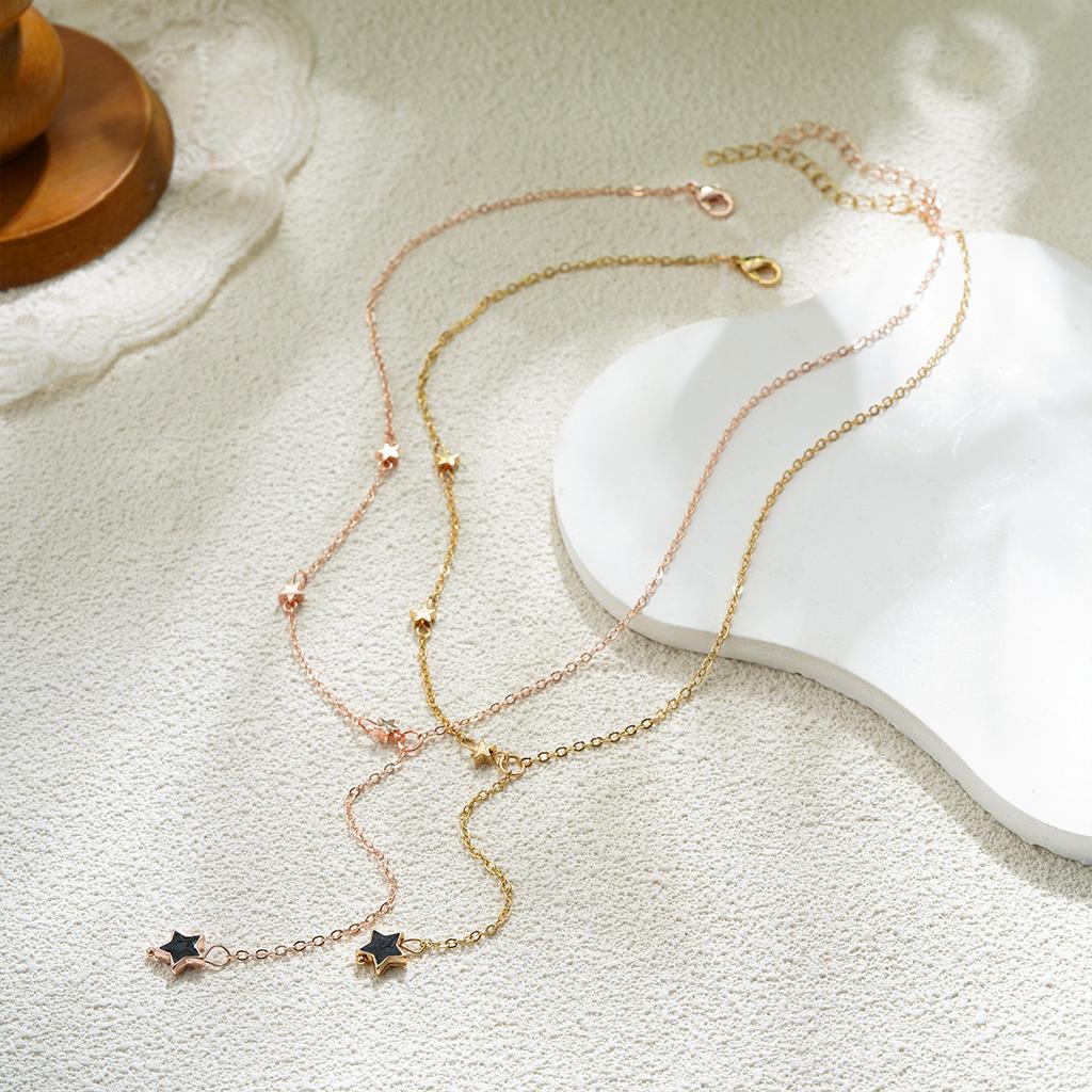 14K Gold Pentagram Oil Drop Pendant Necklace Stainless Steel Clavicle Chain Star Tassel Neck Chain Jewelry