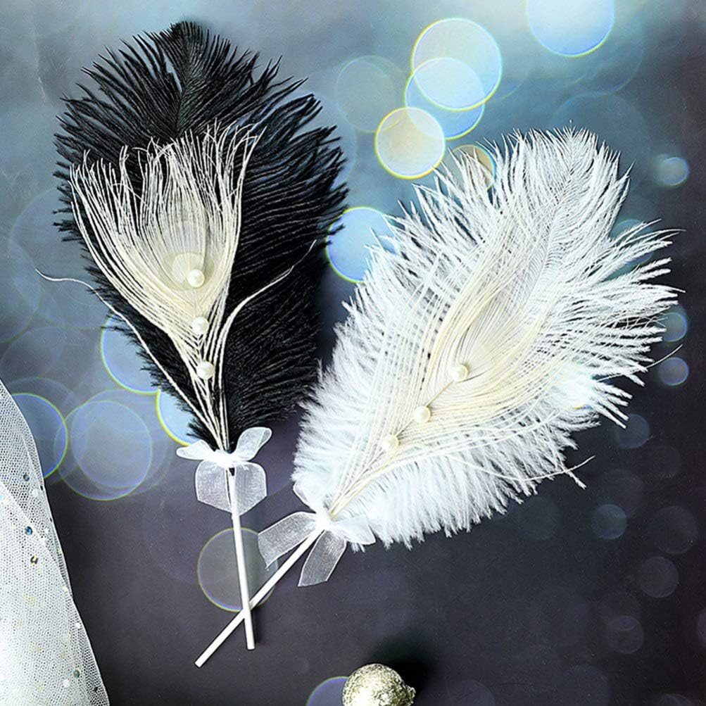 2pcs Plumage Cake Topper with Pearl Romantic Aesthetic Ostrich Plumage Feathered Cake Decorartion for Birthday Wedding
