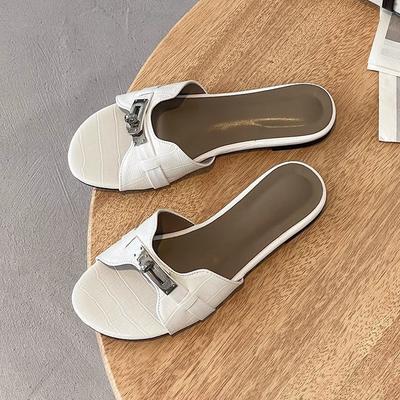 Small Gold Buckle Crocodile Text One-word Slippers for Women To Wear 2025 New Small Fragrant Style with Skirt Flat-bottomed Beach Slippers