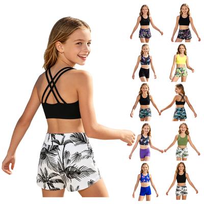 Children‘s Sportswear 2Pcs Set U Neck Crisscross Back Sleeveless Crop Top and Elastic Waistband Pink Lily Print Shorts for Training Dance