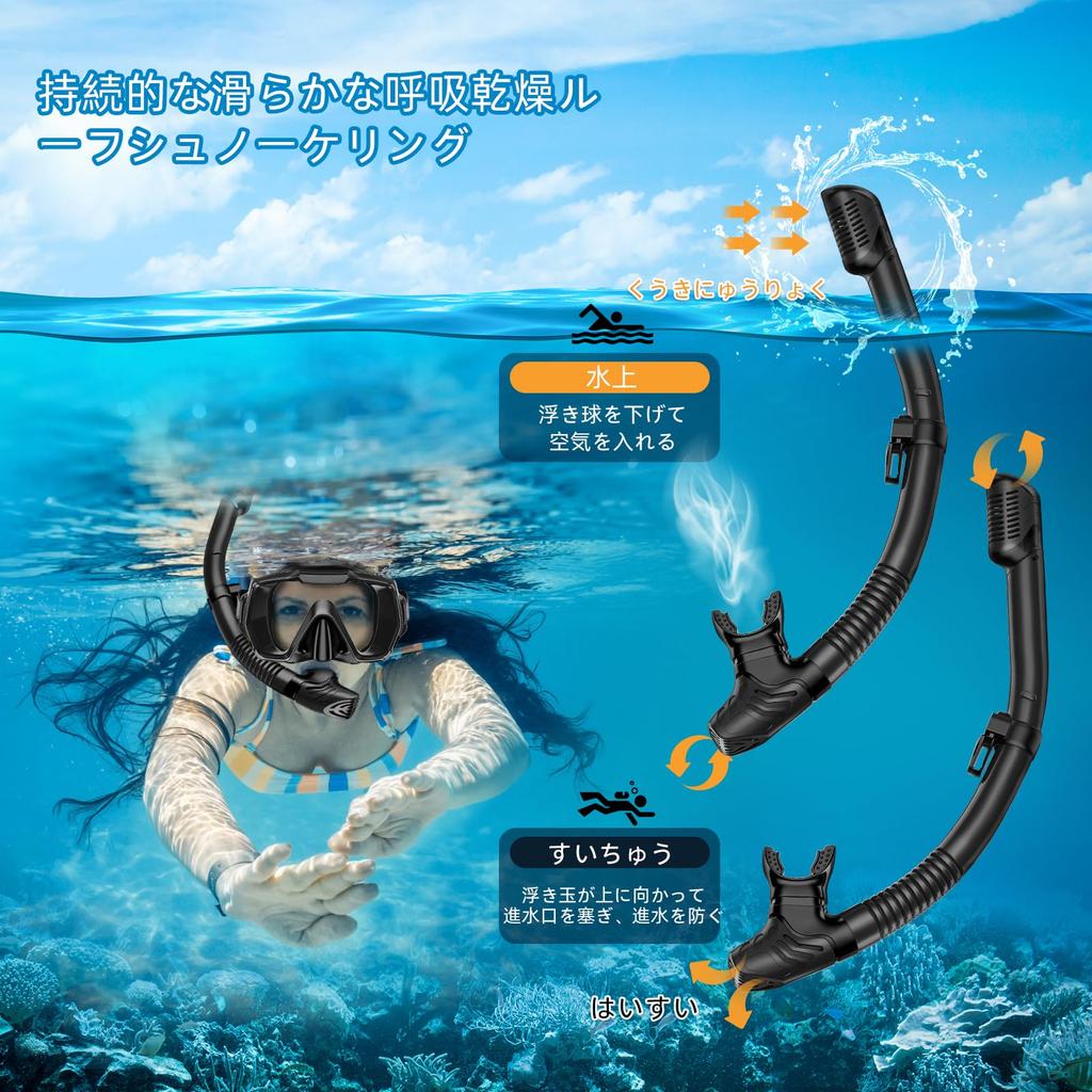 Snorkel Set for and Tempered Glass Panoramic View Swim Dry Snorkel Kit for Scuba Travel with Carry Bag Adults, Leak-Proof Anti-Fog Lens, Mask, Top,