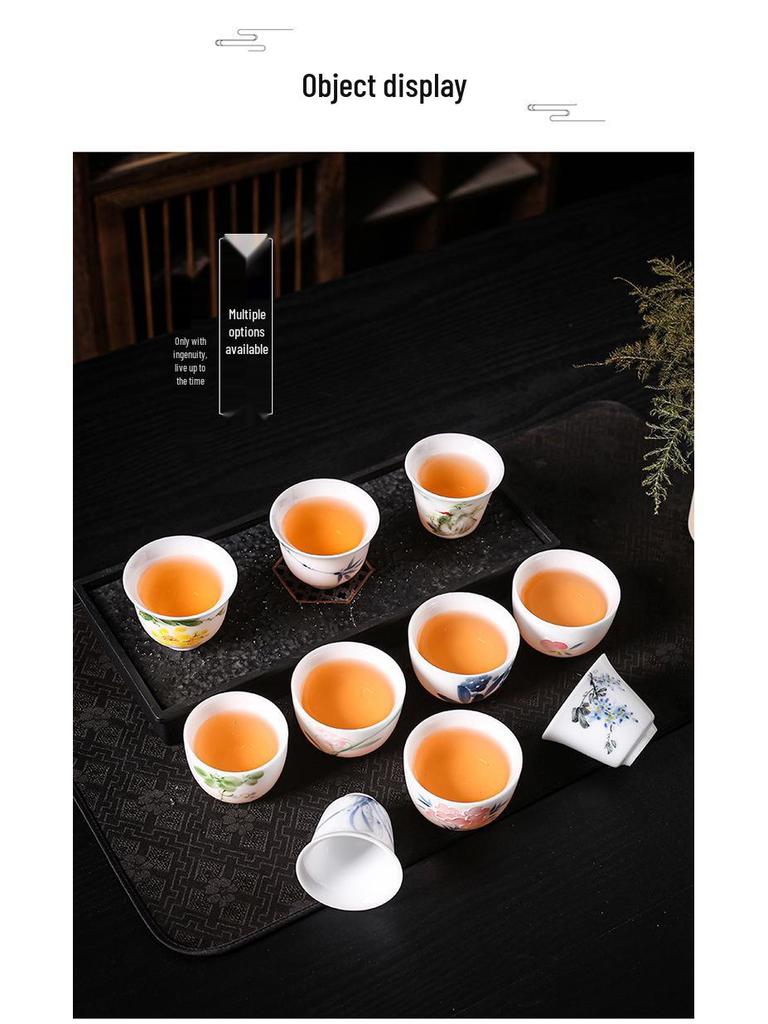 Lamb Fat Jade Hand-Painted Ceramic Gongfu Tea Set with Gaiwan, Tasting, and Host Cups