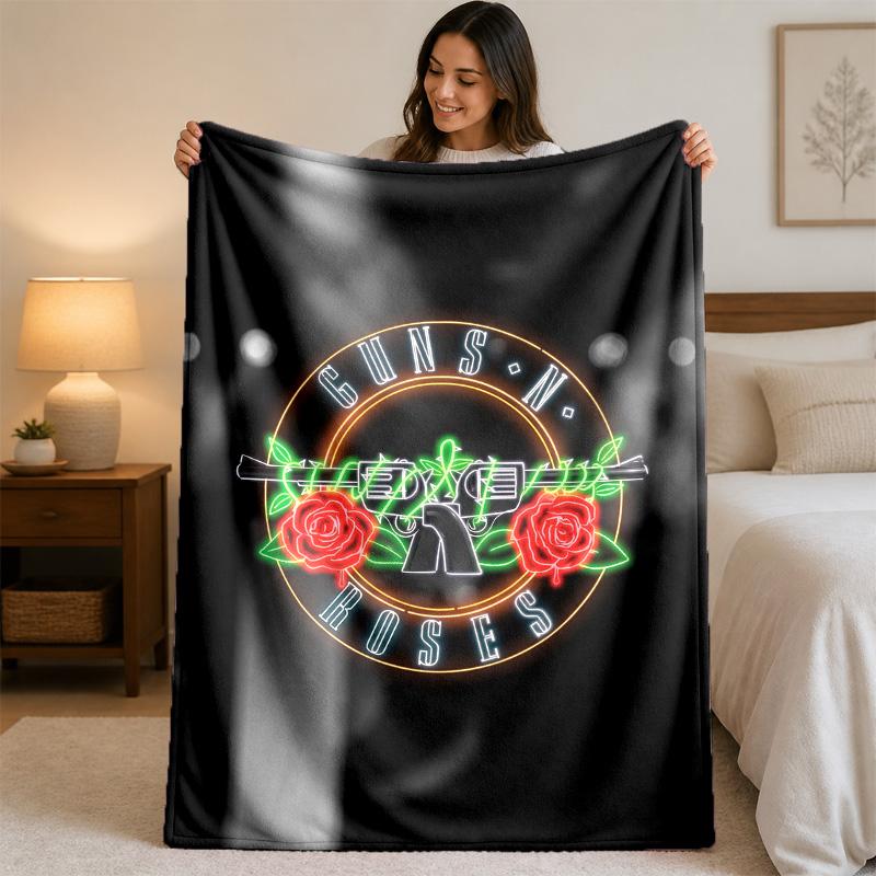 Guns N’ Roses Print Flannel Blanket Cozy Lightweight Plush Throw Blanket For Bed Sofa Household Use