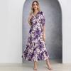 New Spring Summer Women's French Style Floral Print V-Neck Waist Cinched Dress for European and American