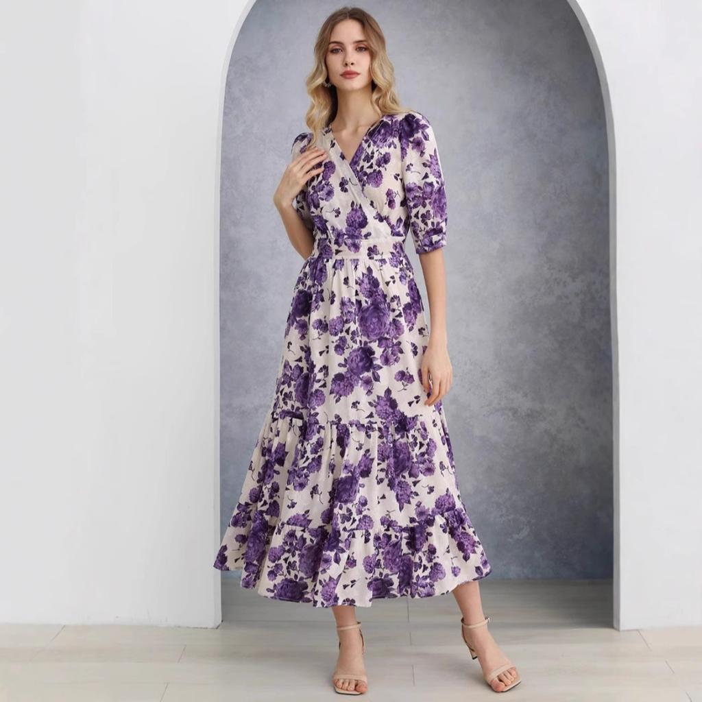 New Spring Summer Women's French Style Floral Print V-Neck Waist Cinched Dress for European and American