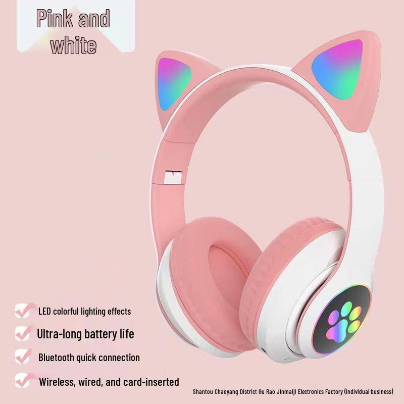 

New STN-28 Cute Cat Ear Wireless LED Headphones - Bluetooth, Luminous, Head-mounted. рожевий
