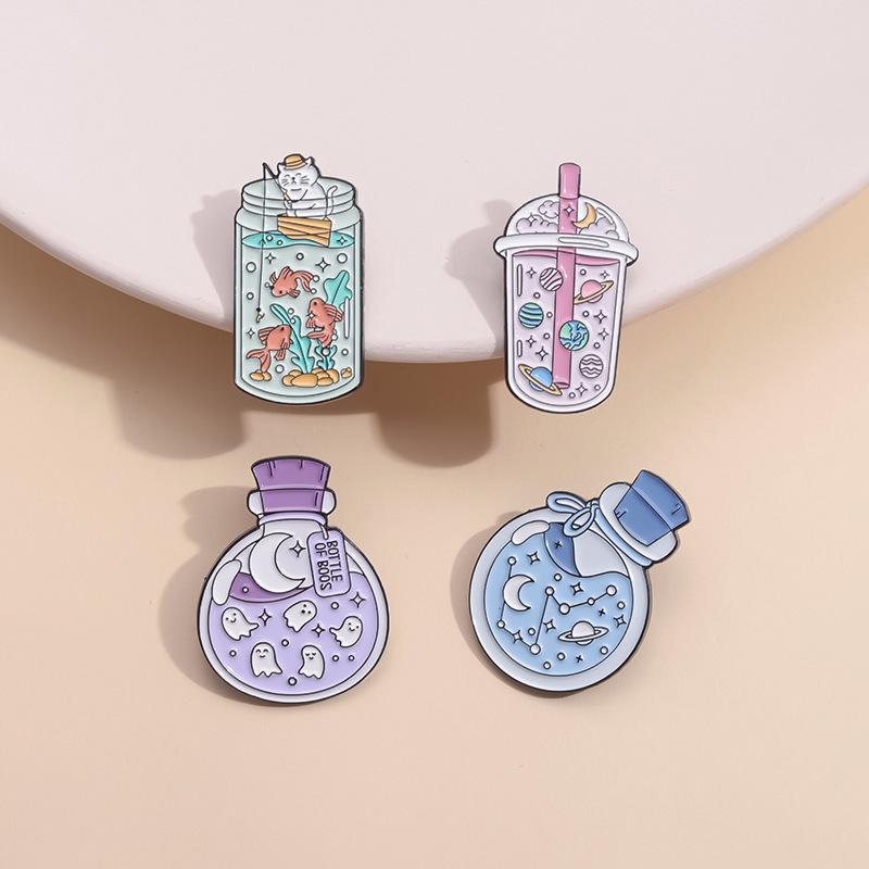 Cartoon Wishing Bottle Enamel Pins Marine Creatures Mushroom Planet Starry Bottle Brooches Lapel Badge Jewelry Gifts for Friends